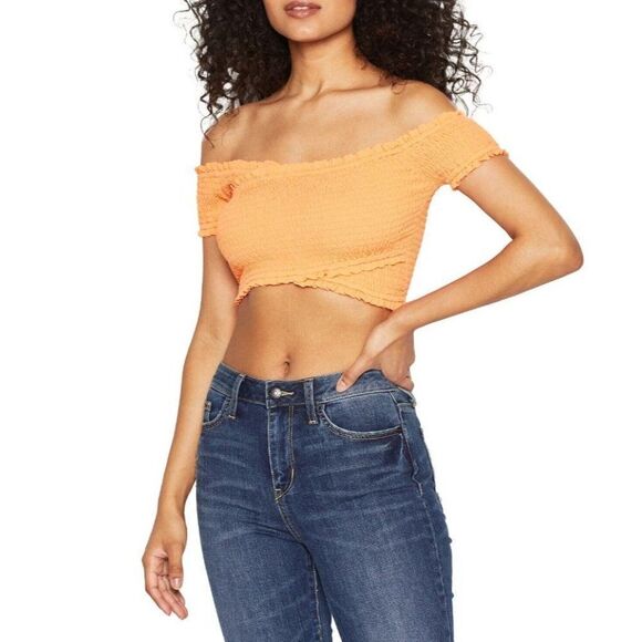 BCBGeneration Crop Top Women's MEDIUM Orange Smocked Off-The-Shoulder Stretch - Picture 10 of 11